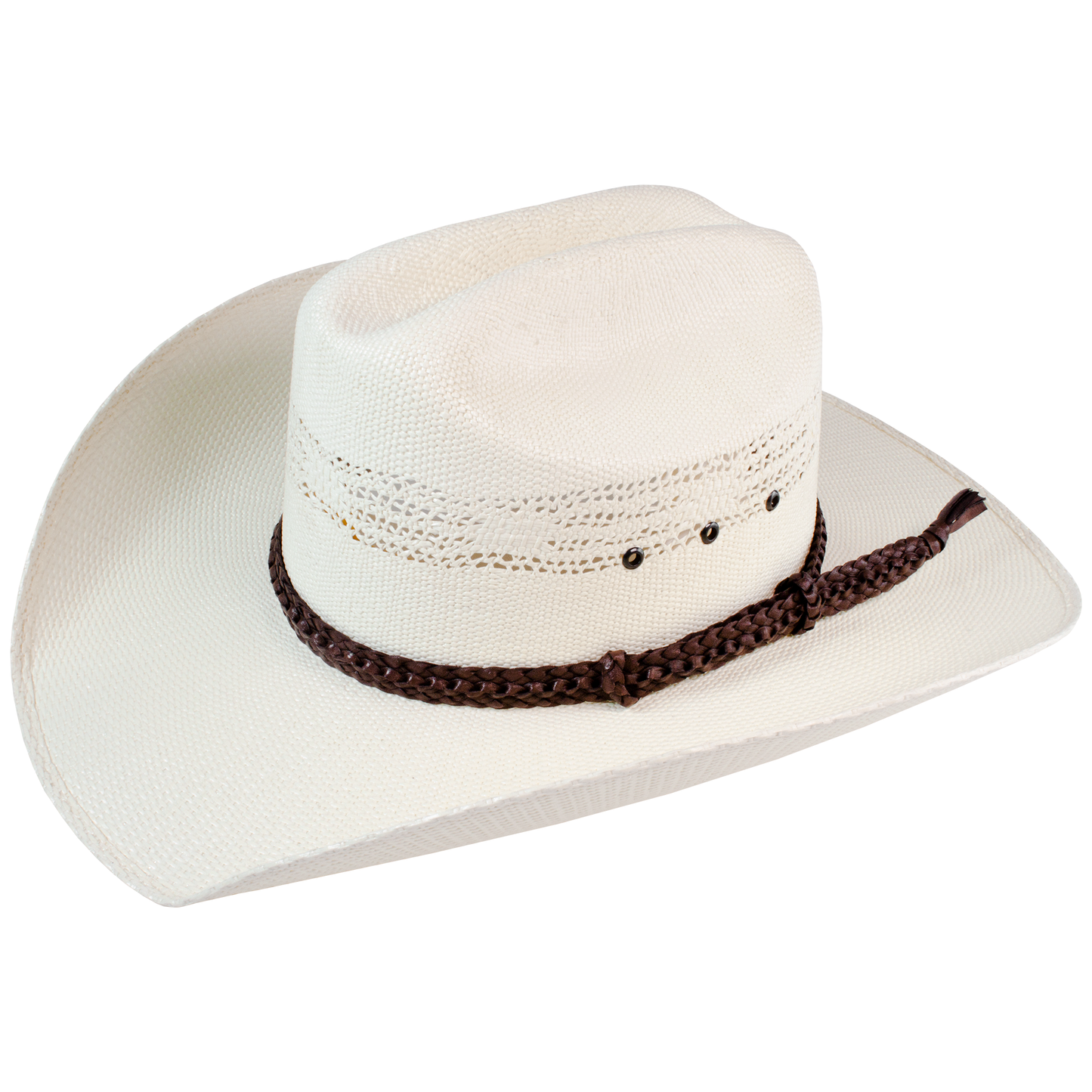 Croc Ridge Style Genuine Australian Kangaroo Leather Hat band. Choc colour on straw Straw Stetson white background.