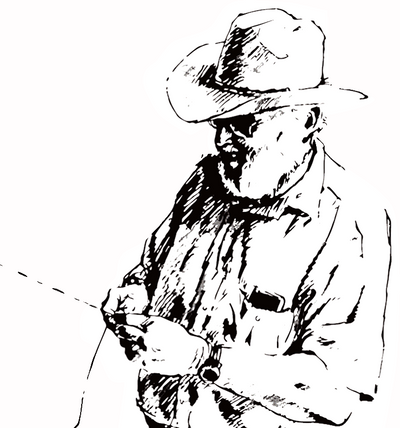 Badgery Belts: Illustration of an older man with beard wearing hat with hat band. This man is hand plaiting abelt or hatband. This is depicting a still of traditional Australian leather plaiting.