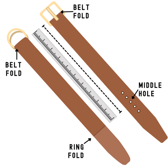 Measure from the fold of the belt to the hole you usually use, typically the middle one. Do not measure the full length of the belt. 