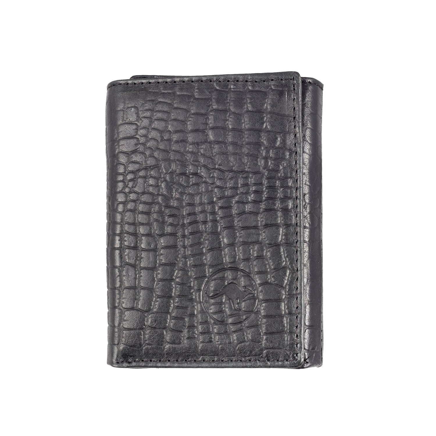 Two Fold Black Classic Leather Wallet, embossed crocodile print. Available in Single or Double Fold styles. Real deal, tough kangaroo leather, slim design for any pocket.