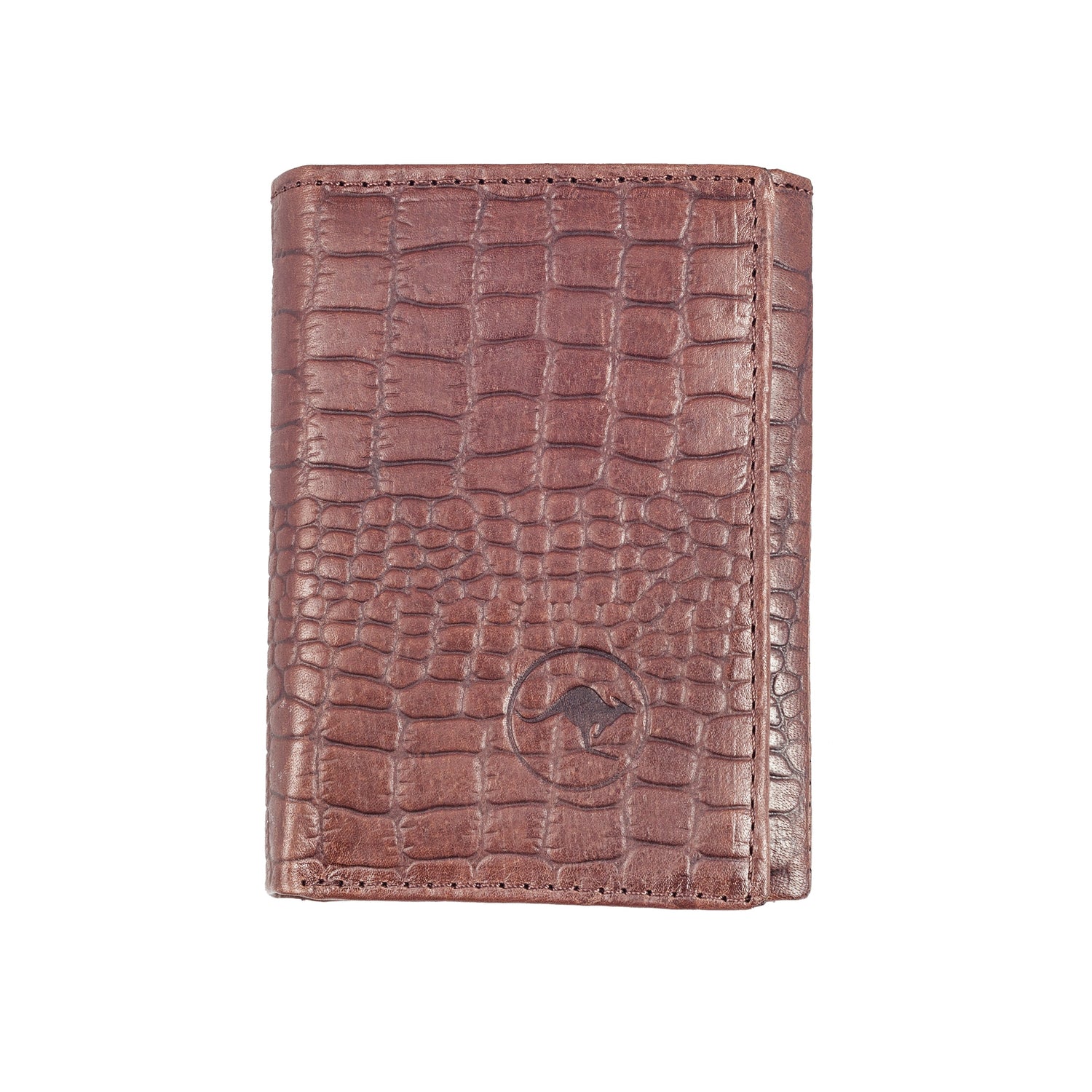 Choc two fold Classic Leather Wallet, embossed crocodile print. Available in Single or Double Fold styles. Real deal, tough kangaroo leather, slim design for any pocket.