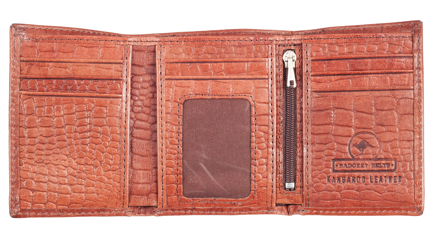 Inside of two fold Classic Leather Wallet, embossed crocodile print. Available in Single or Double Fold styles. Real deal, tough kangaroo leather, slim design for any pocket.