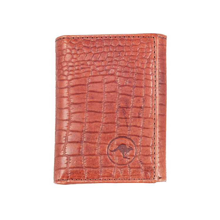 Tan two fold Classic Leather Wallet, embossed crocodile print. Available in Single or Double Fold styles. Real deal, tough kangaroo leather, slim design for any pocket.