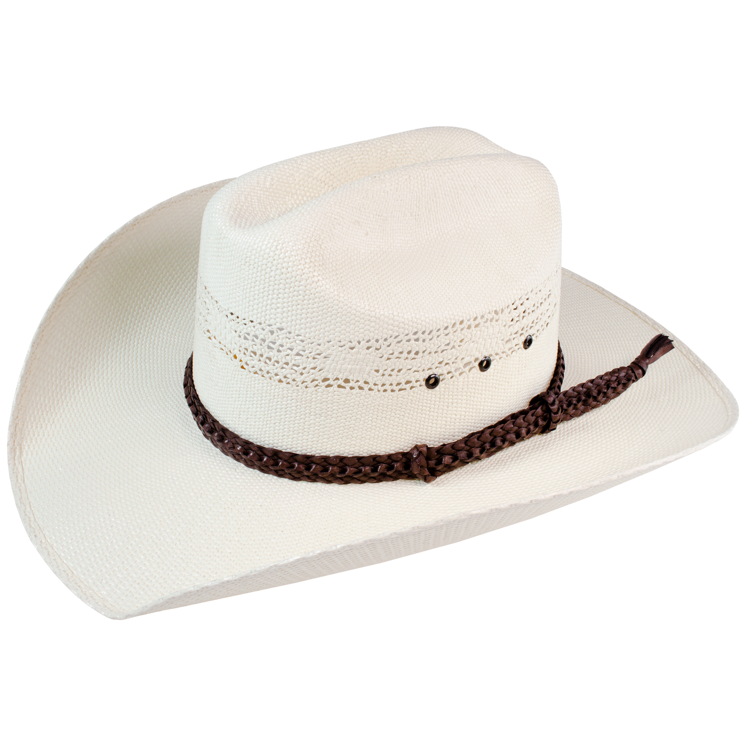 Croc Ridge Style Genuine Australian Kangaroo Leather Hat band. Choc colour on straw Straw Stetson white background. 