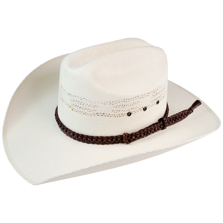 Croc Ridge Style Genuine Australian Kangaroo Leather Hat band. Choc colour on straw Straw Stetson white background. 