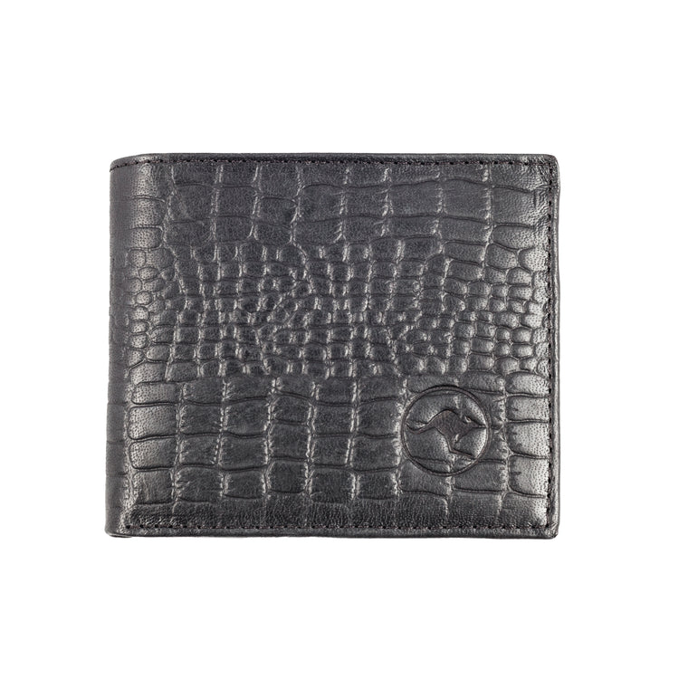 Single Fold Black Classic Leather Wallet, embossed crocodile print. Available in Single or Double Fold styles. Real deal, tough kangaroo leather, slim design for any pocket.