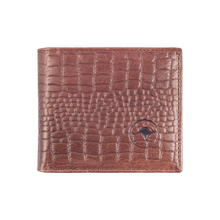 Single Fold Choc Classic Leather Wallet, embossed crocodile print. Available in Single or Double Fold styles. Real deal, tough kangaroo leather, slim design for any pocket.