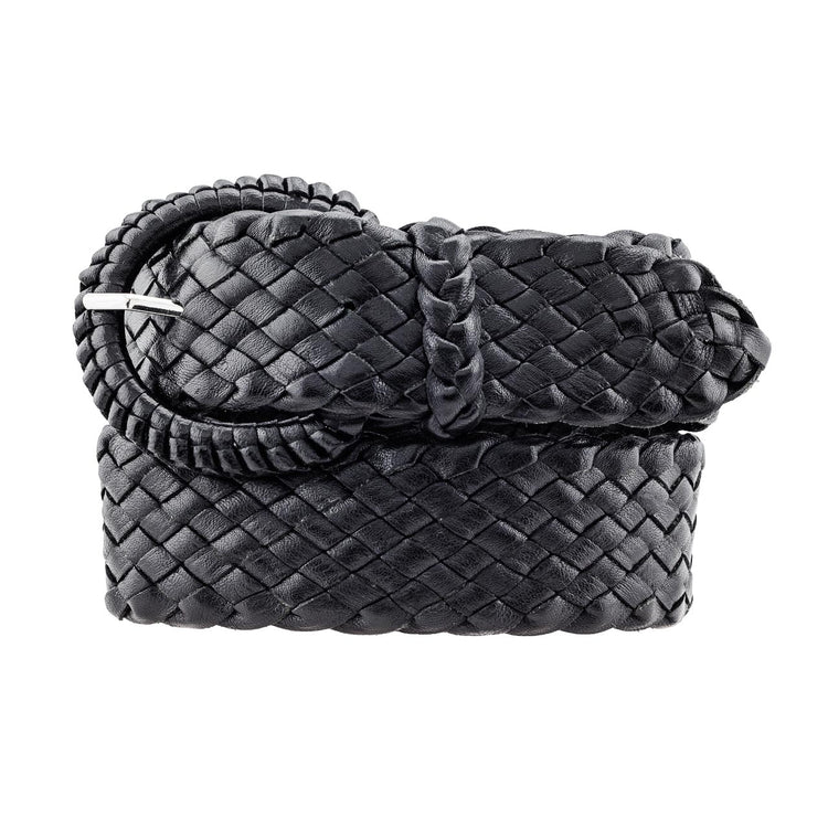 Black Alice: Australian Kangaroo Leather belt, hand-plaited in Brisbane. Durable, supple, and stylish. Available in Black or Tan. 38mm Wide.
